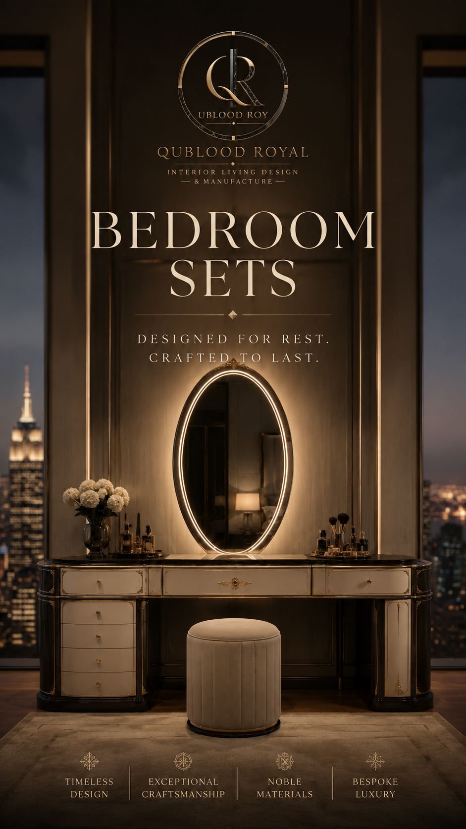 QuBlood Baroque bed, upholstered headboard and bedside composition in walnut, ivory and smoked bronze