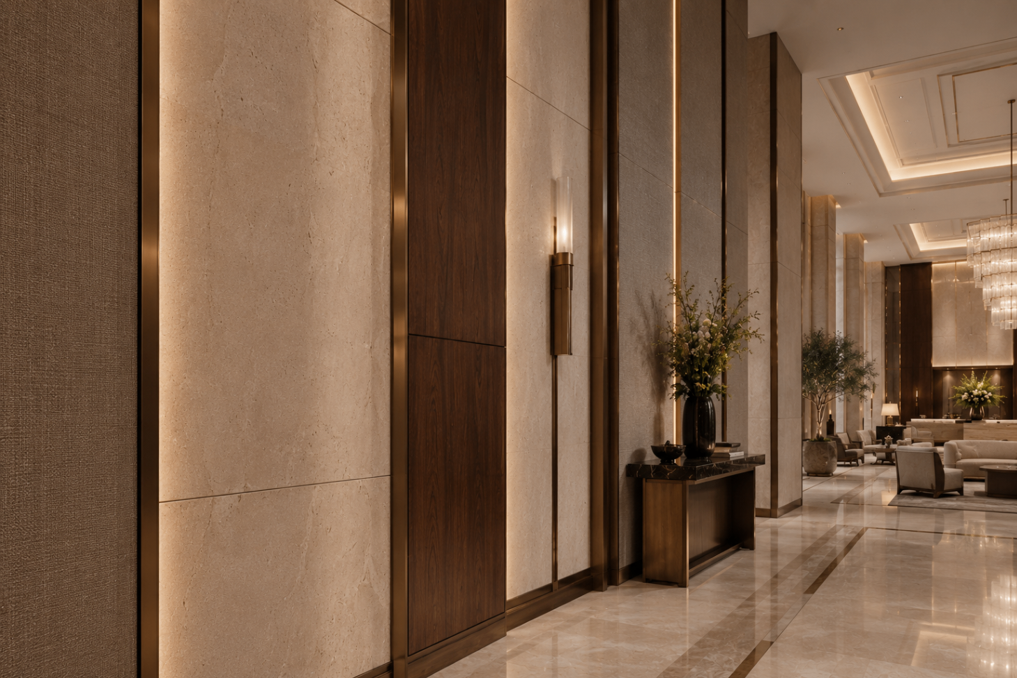 Wall composition in travertine, walnut and bronze reveals
