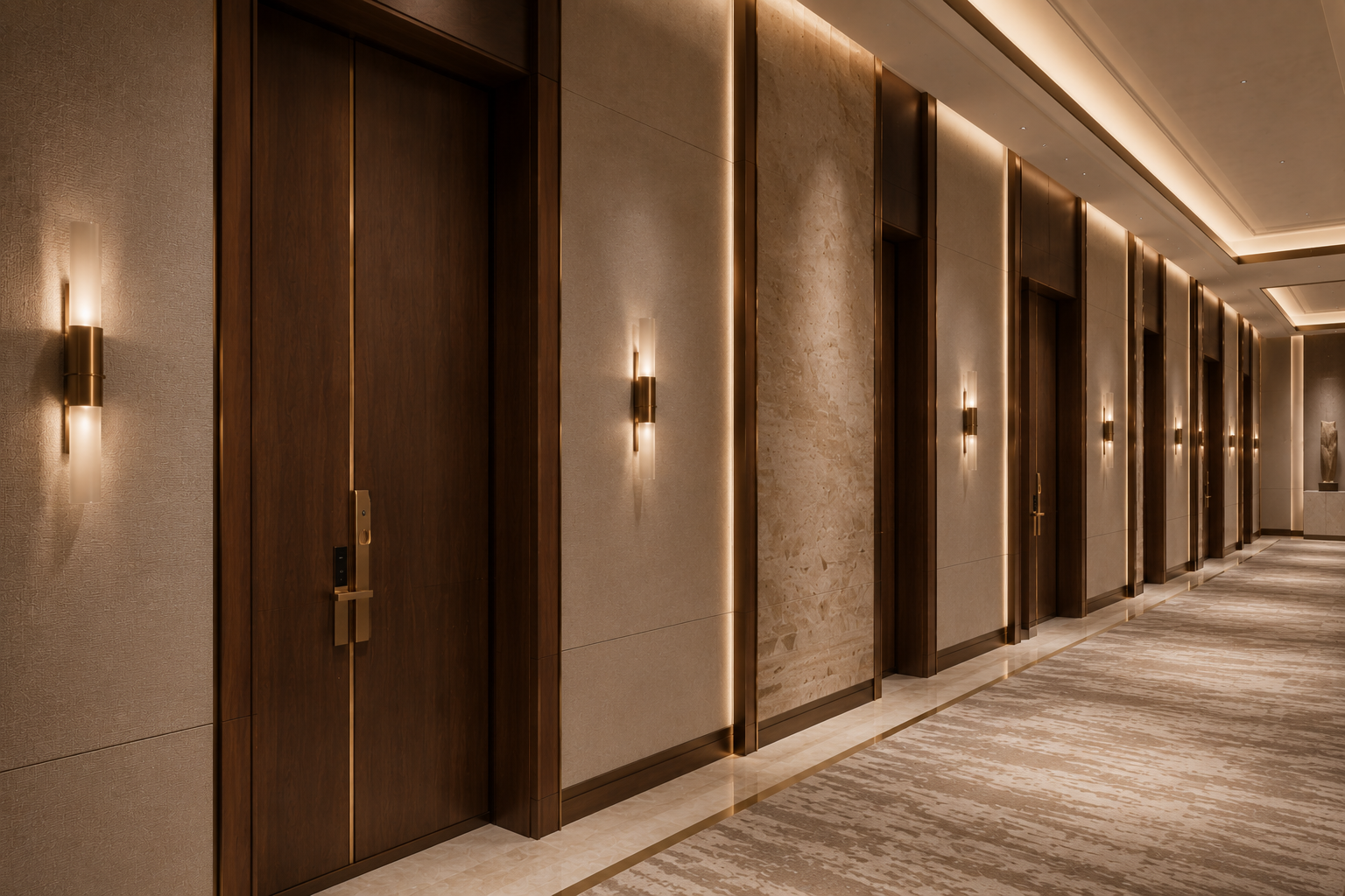 Sconce and joinery detail along the guest corridor