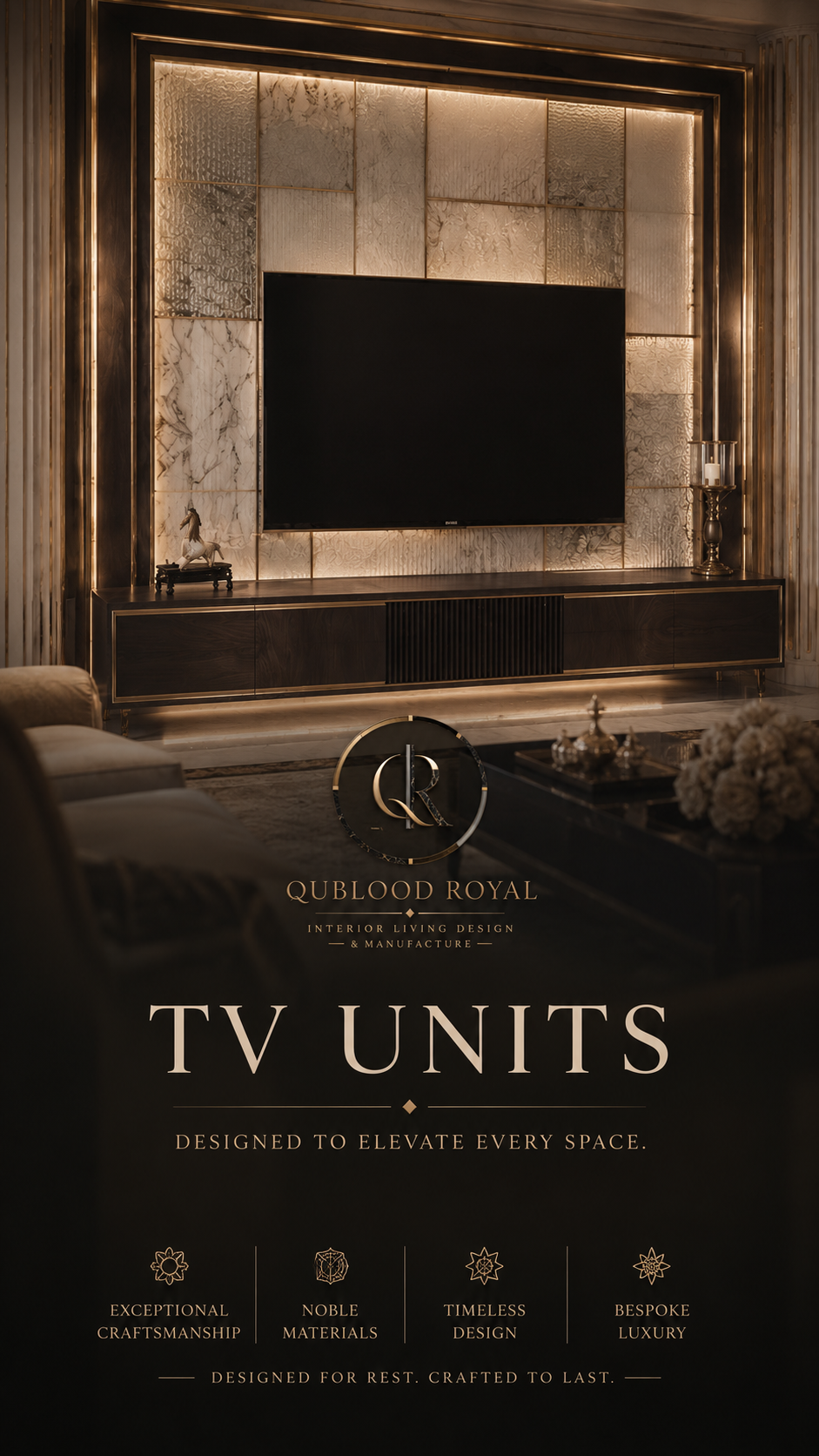 QuBlood Baroque media wall and cabinetry composition in walnut, ivory and smoked bronze
