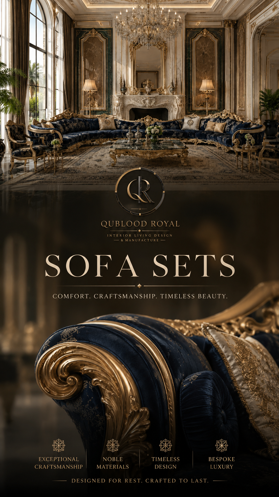 QuBlood Baroque modular seating salon composition in walnut, ivory and smoked bronze