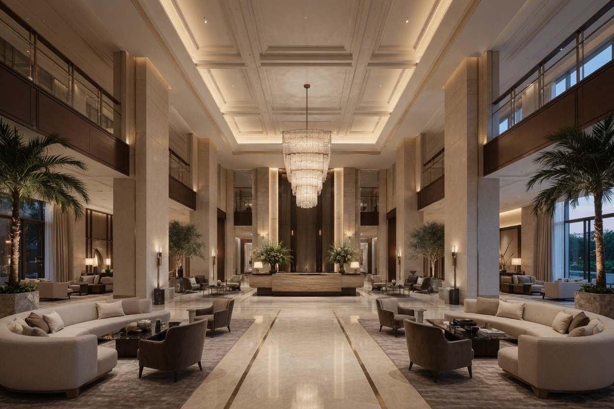 Reception hall framed by paired columns and a tiered crystal chandelier