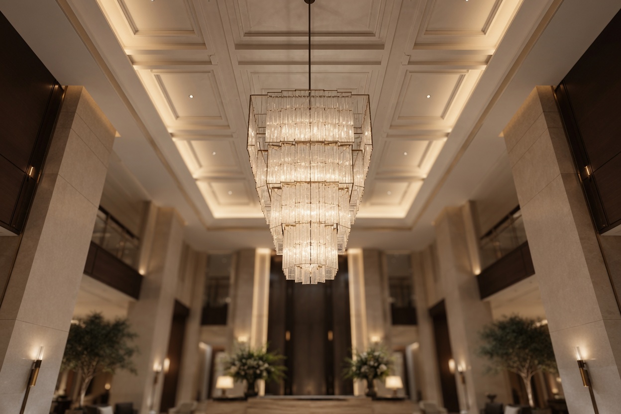Coffered ceiling and tiered chandelier above the reception axis