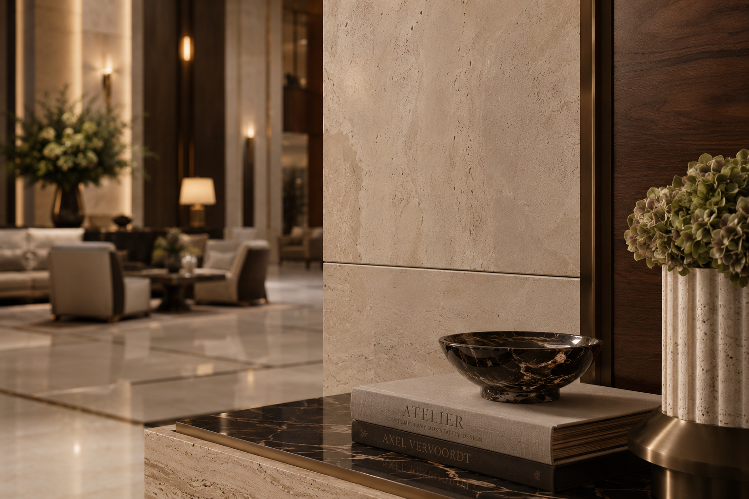 Lounge vignette in travertine and walnut with marble accessories