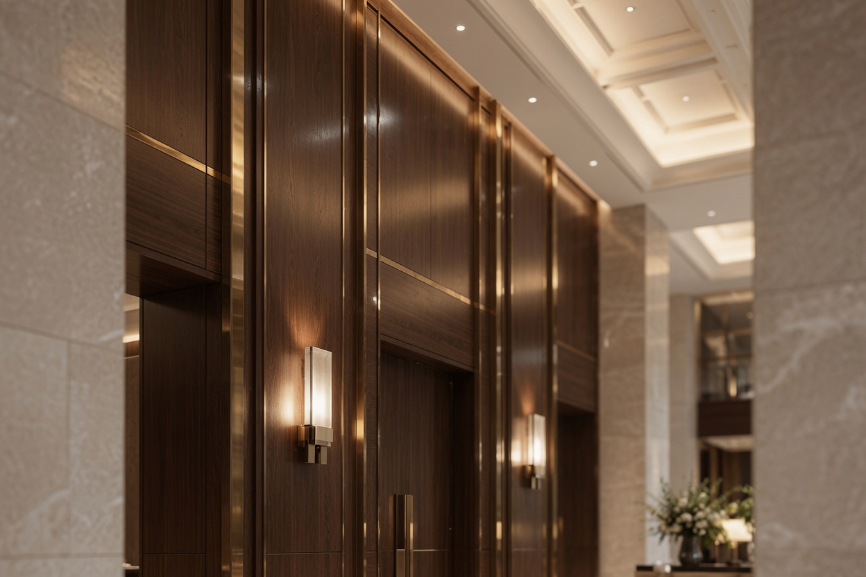 Close view of walnut millwork with brushed bronze inlay