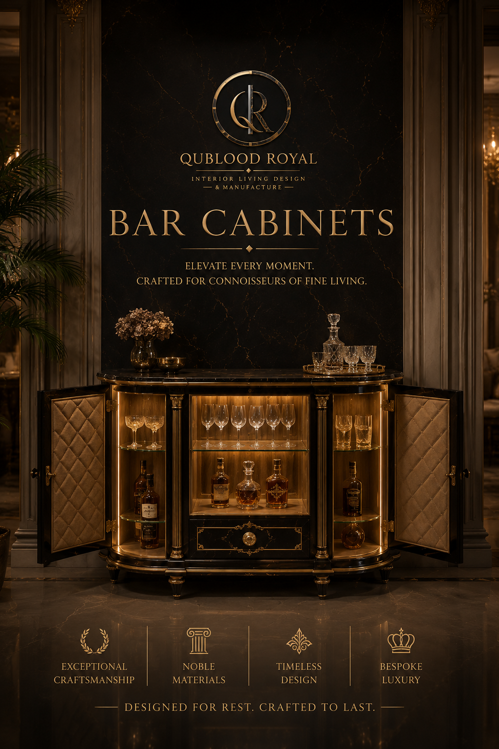 QuBlood Baroque illuminated bar cabinet in walnut, ivory and smoked bronze