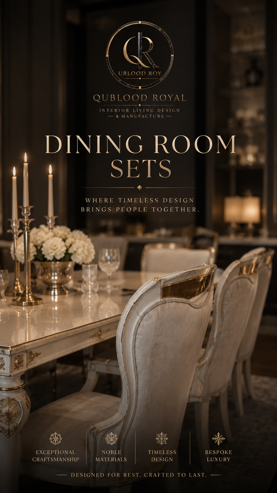 QuBlood Baroque dining table and chairs composition in walnut, ivory and smoked bronze
