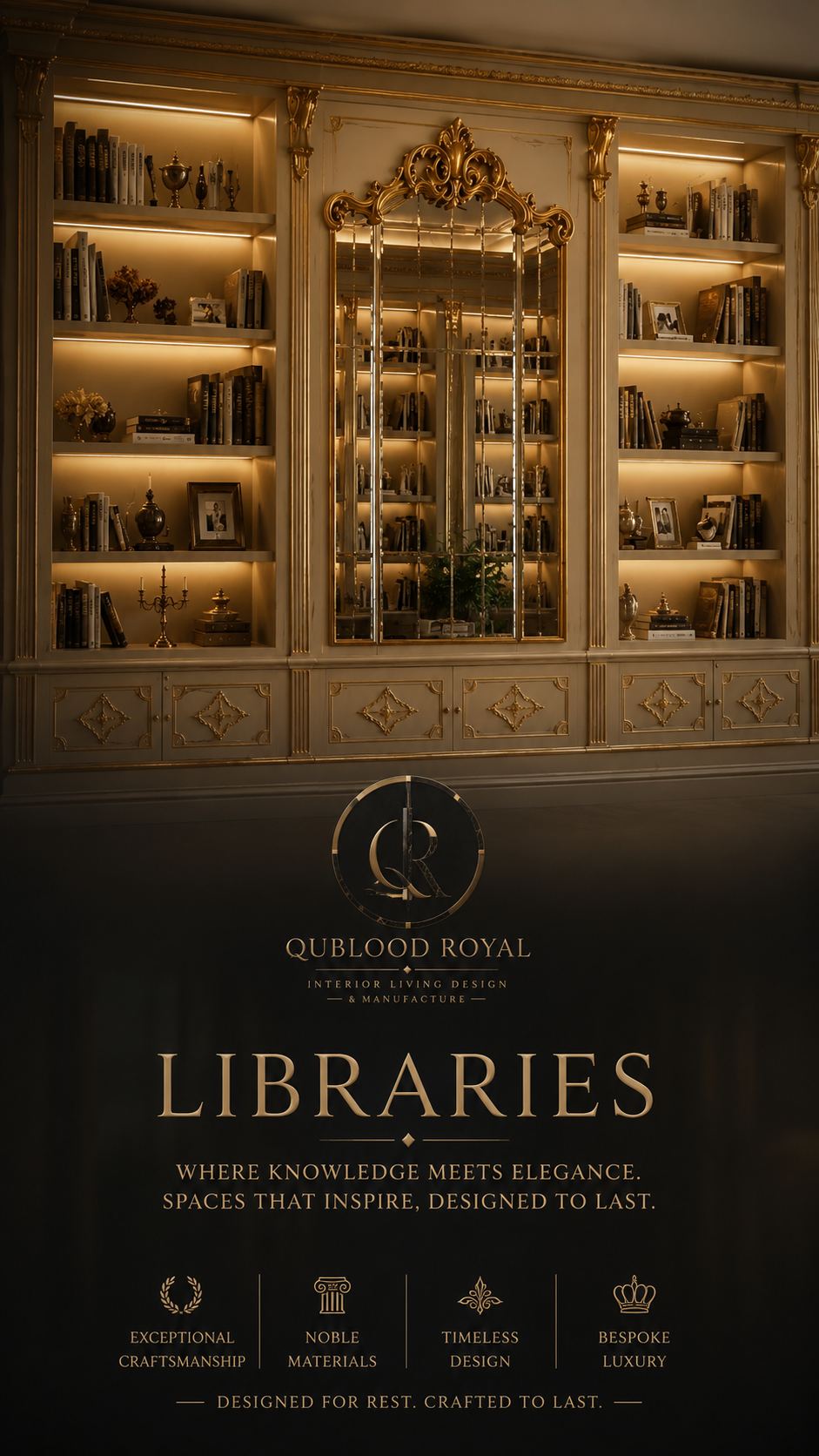QuBlood Baroque floor-to-ceiling library shelving in walnut, ivory and smoked bronze