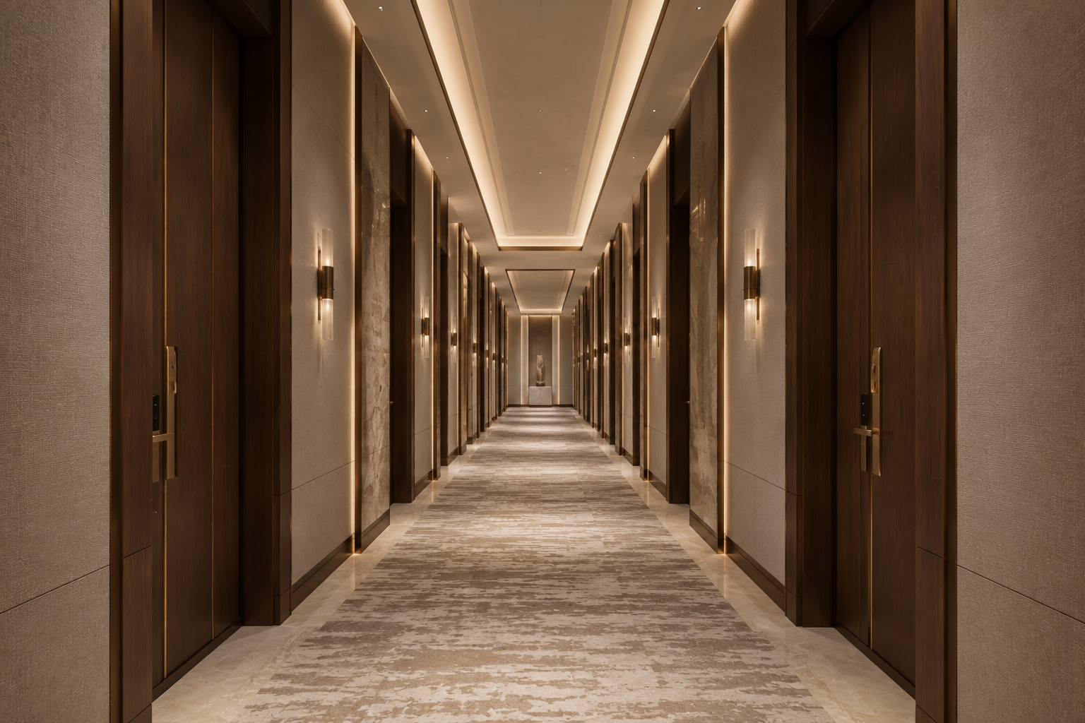 Guest room corridor in walnut, linen and bronze