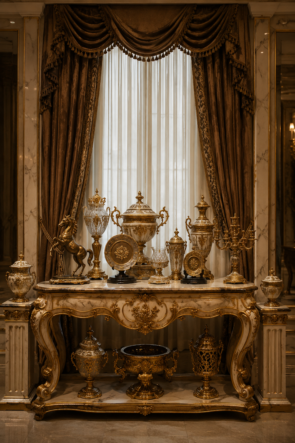 QuBlood Baroque decorative objects and vessels in walnut, ivory and smoked bronze