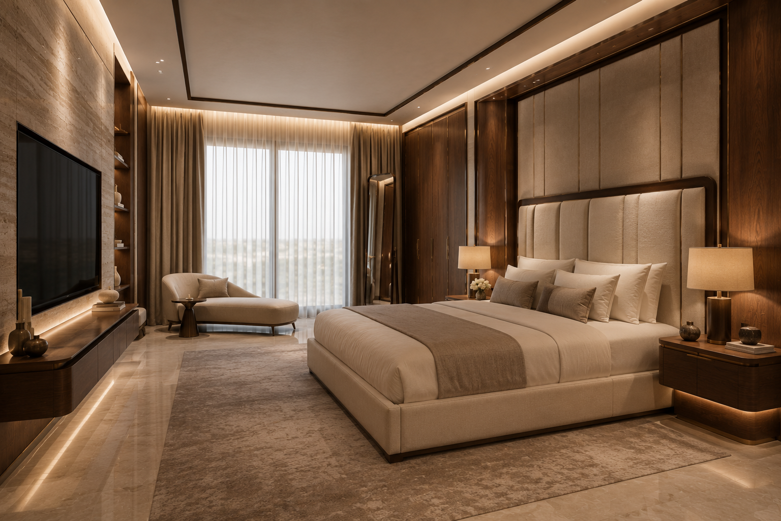 Guest suite bedroom in warm neutrals with upholstered headboard
